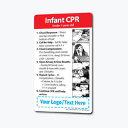 Infant CPR instructional magnet for children under 1 year old. Steps include checking response, calling for help, chest compressions, opening airway, giving breaths, repeating cycles, and continuing until help arrives. Illustrated with images and customizable logo/text area at the bottom