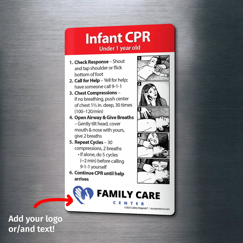 Infant CPR instructional magnet for children under 1 year old. Steps include checking response, calling for help, chest compressions, opening airway, giving breaths, repeating cycles, and continuing until help arrives. Illustrated with images and customizable logo/text area at the bottom
