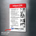 Infant CPR instructional magnet for children under 1 year old. Steps include checking response, calling for help, chest compressions, opening airway, giving breaths, repeating cycles, and continuing until help arrives. Illustrated with images and customizable logo/text area at the bottom