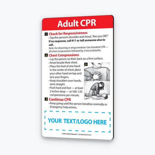 Adult CPR instruction card with text and illustrations on a white background