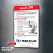 CPR instruction card on a metallic surface with Family Care Center branding.