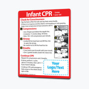 Infant CPR instruction magnet for children under 1 year old. Steps include checking consciousness, chest compressions with two fingers, opening airway, giving gentle breaths, and repeating cycles until help arrives. Illustrated with diagrams. Customizable logo/text area at the bottom.