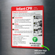 Infant CPR instruction magnet for children under 1 year old. Steps include checking consciousness, chest compressions with two fingers, opening airway, giving gentle breaths, and repeating cycles until help arrives. Illustrated with diagrams. Customizable logo/text area at the bottom.