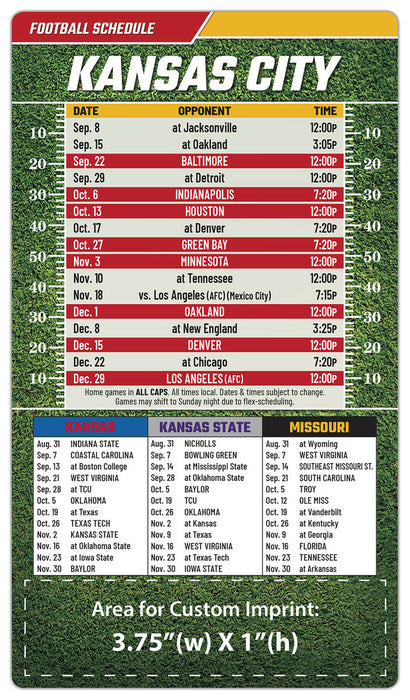 Kansas City Chiefs 2024 Pro Football Sports Schedule Imprintable 4x7" Magnets - Min Qty 100 Count