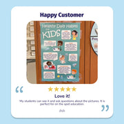 Poster titled 'Healthy Daily Habits for Kids' with illustrations and text, displayed on a wall with a five-star rating and review comment.