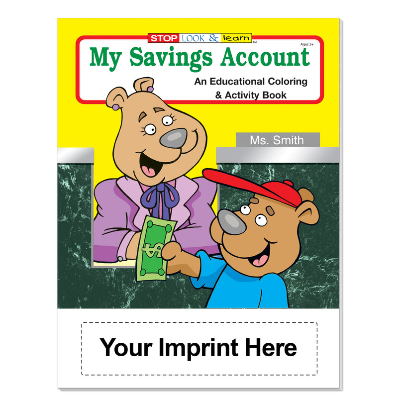 Custom savings account coloring books for kids with imprint on 250+ books