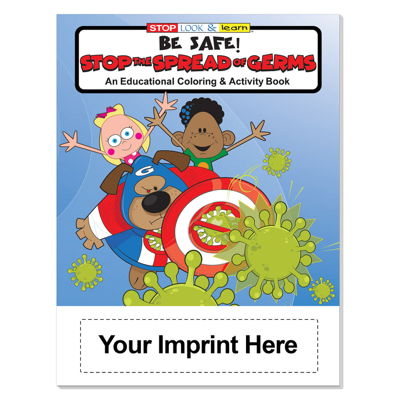Custom germ prevention coloring book imprint area for school or organization information