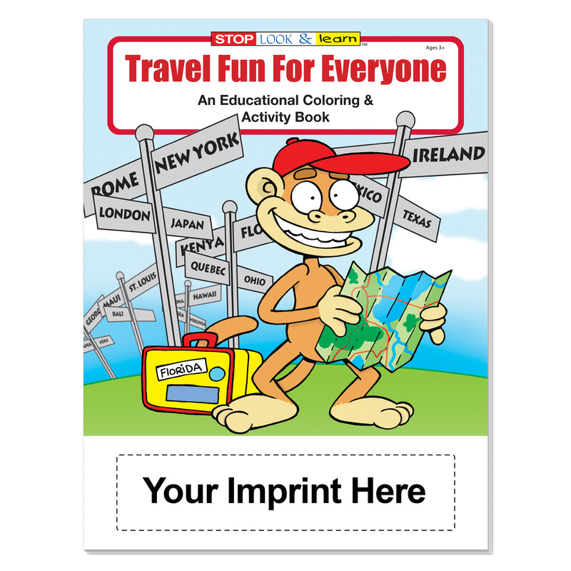Custom Travel Fun coloring book with logo or message imprint area
