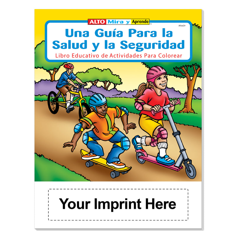 Custom Spanish health and safety coloring book imprint area for school, clinic, or organization information