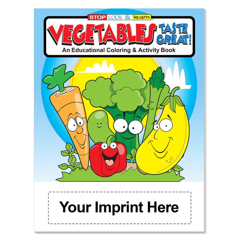 Custom vegetable nutrition coloring book imprint area for school, clinic, or organization information