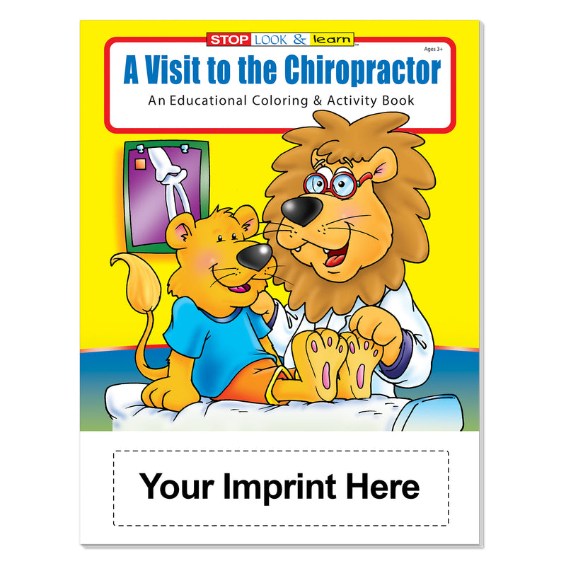 Custom chiropractor coloring book imprint area for chiropractic office, clinic, or organization information