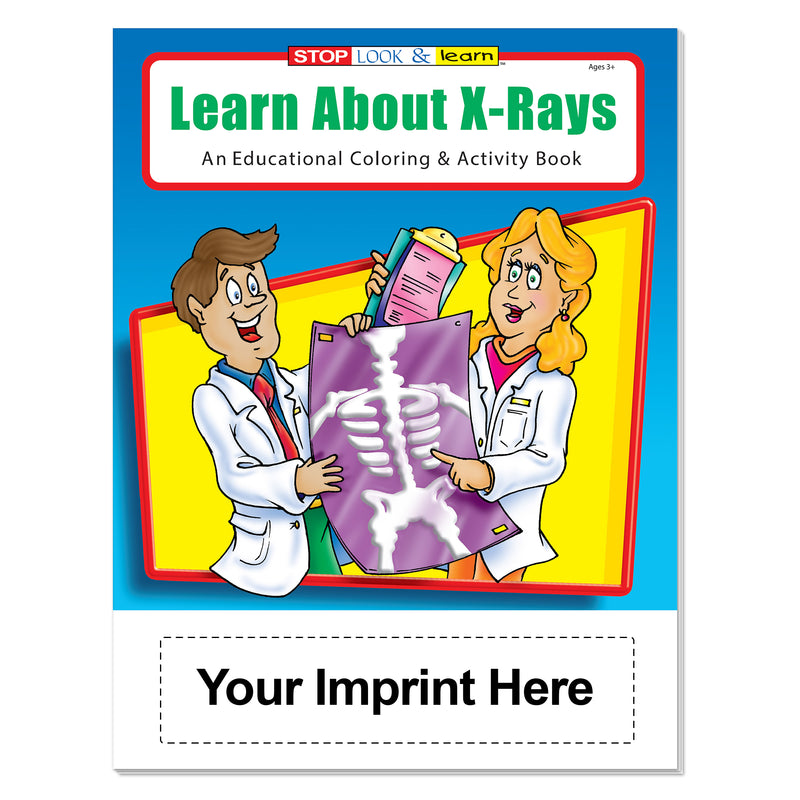 Custom X-ray coloring book imprint area for hospital, clinic, school, or organization information