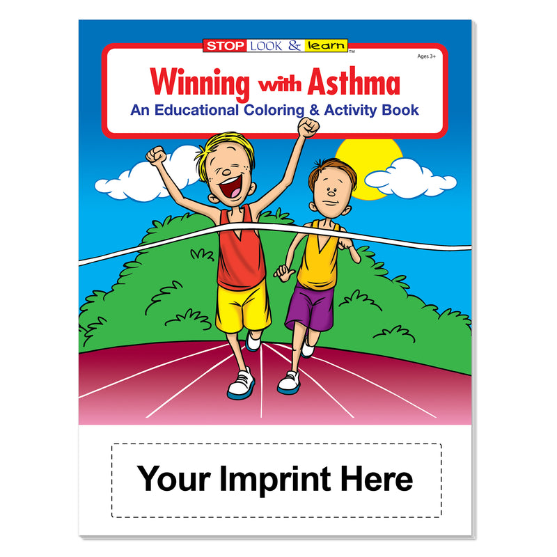 Custom asthma coloring book imprint area for school, clinic, hospital, or organization information