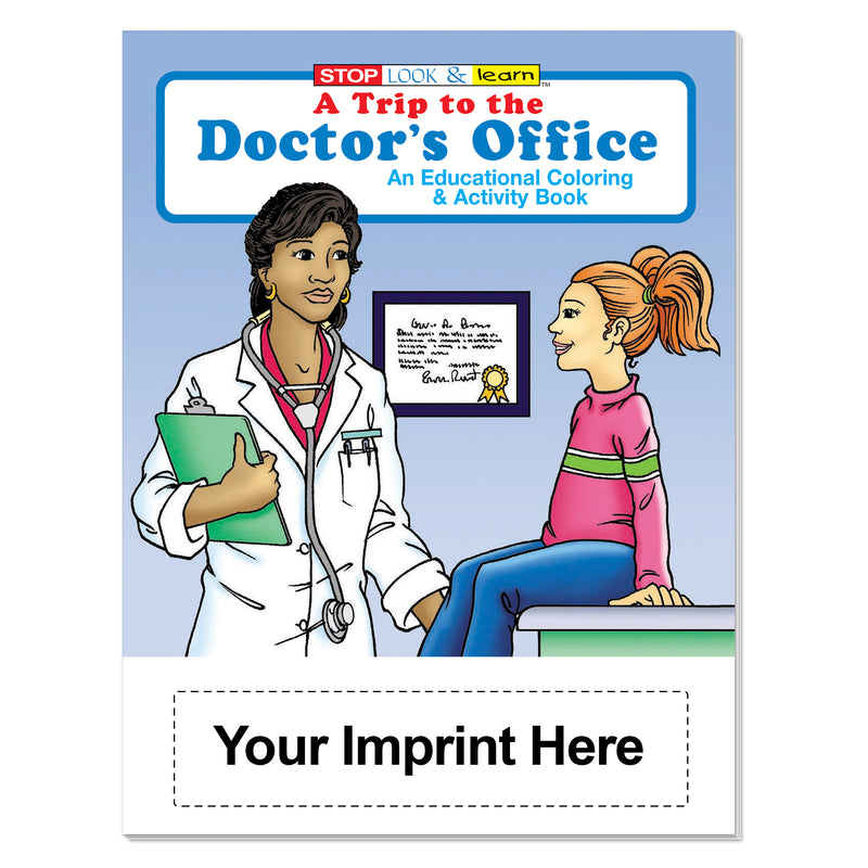 Custom doctor’s office coloring book imprint area for clinic, school, or organization information