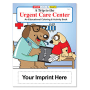 Custom urgent care coloring book imprint area for clinic, hospital, or organization information