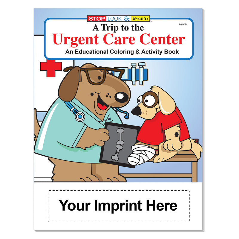 Custom urgent care coloring book imprint area for clinic, hospital, or organization information