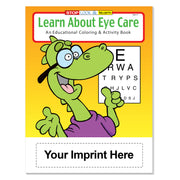 Custom eye care coloring book imprint area for optometrist, school, or organization information