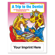 Custom dentist coloring book imprint area for dental office, school, or organization information