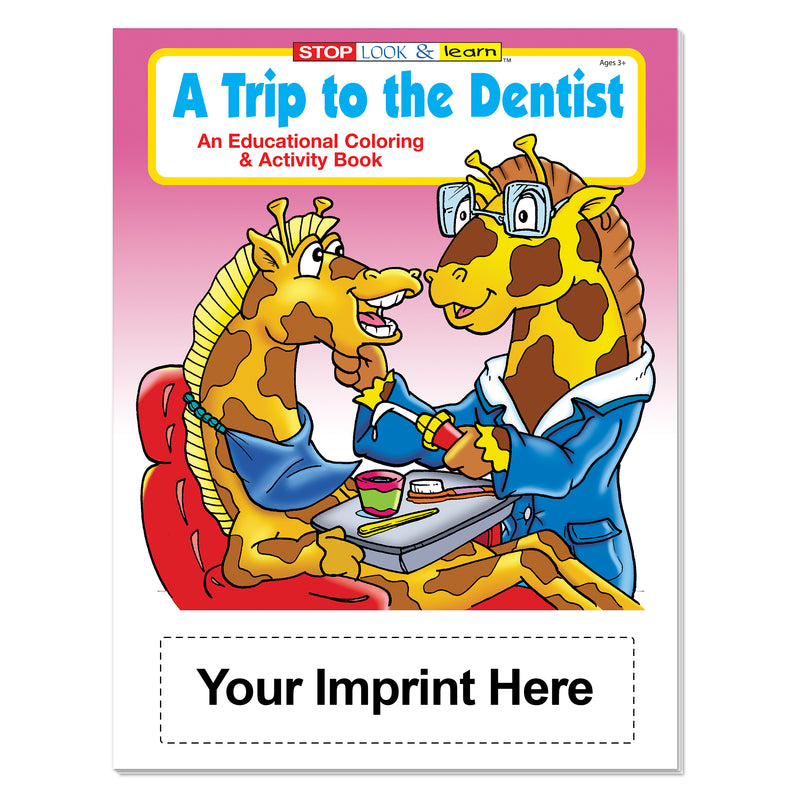 Custom dentist coloring book imprint area for dental office, school, or organization information