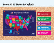 A colorful educational poster of the United States showing all 50 states and capitals, displayed on a cork board next to feature callouts.