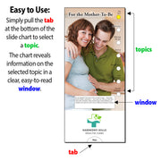 Instructional graphic showing a mobile app or digital form interface labeled for a mother-to-be topic selection tool. The main panel contains a photo of a smiling pregnant couple, text fields, and arrows pointing to tabs, topics, and a window.