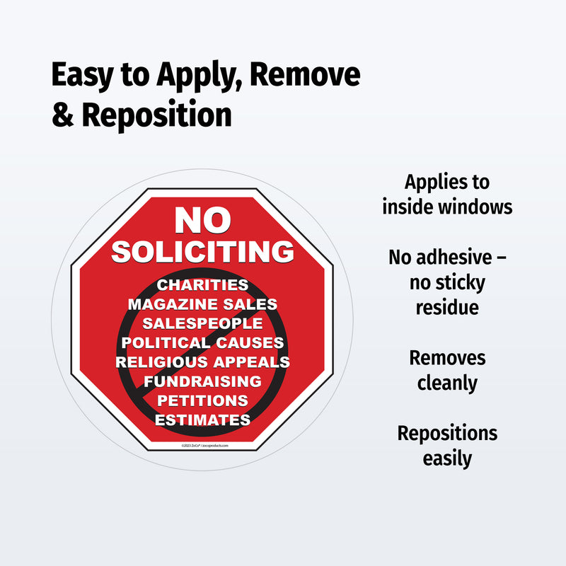 Red and white 'No Soliciting' sign with text on a white background
