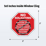 Red 'No Soliciting' sign with text and dimensions on a white background