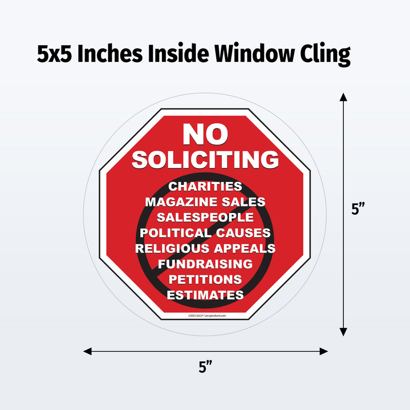 Red 'No Soliciting' sign with text and dimensions on a white background