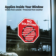 No Soliciting sign on a window with text about its features.
