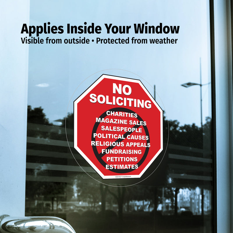 No Soliciting sign on a window with text about its features.