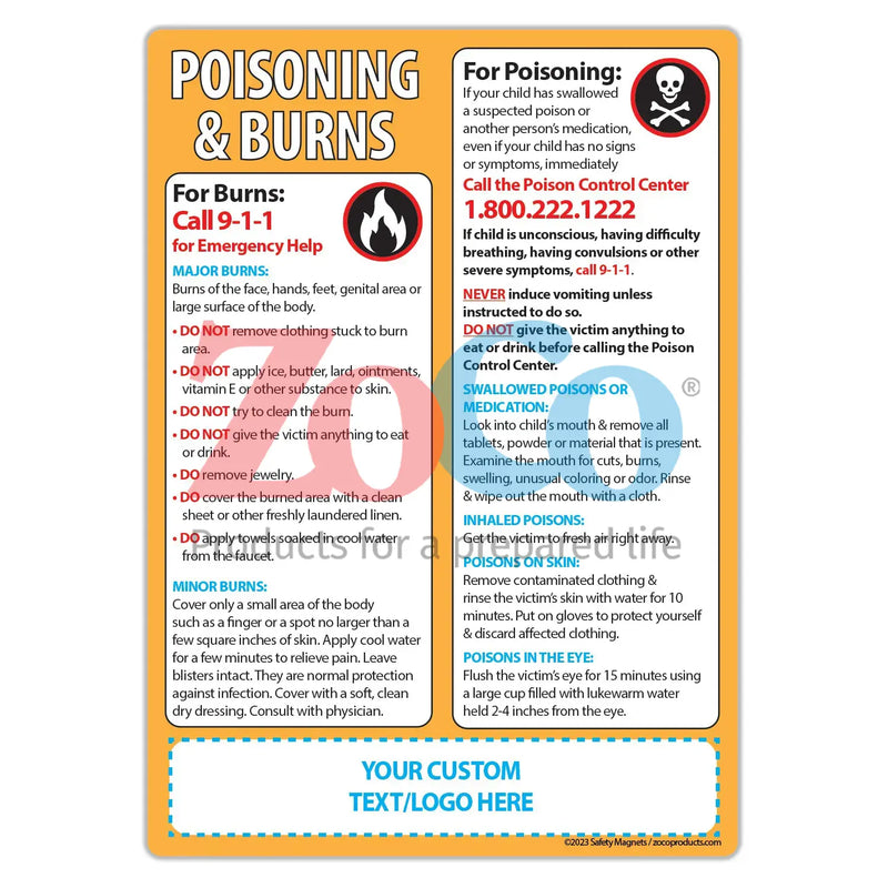 First Aid for Poisoning and Burns - Magnets  - 5"x7" - (Min.Qty 100)