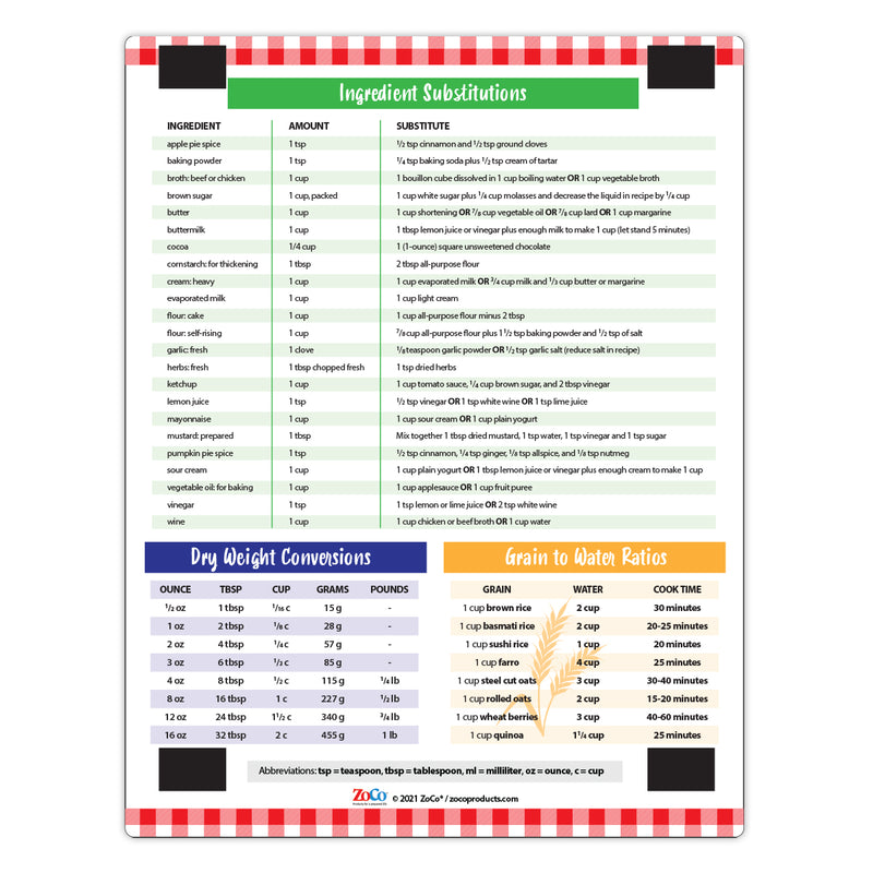 Cooking Conversion Chart - Quick Reference Card w/ Magnets - 8.5"x11"