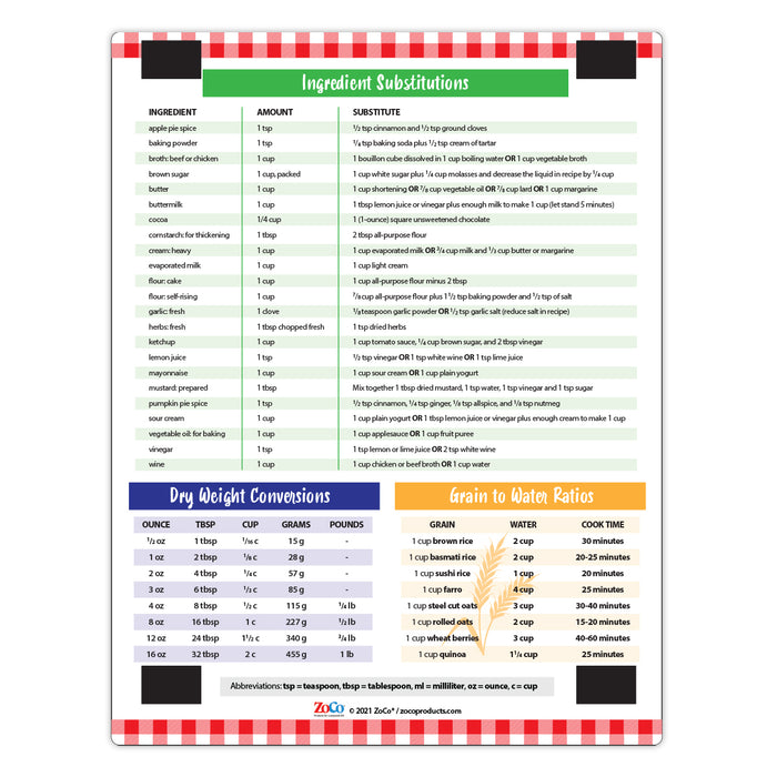 Cooking Conversion Chart - Quick Reference Card w/ Magnets