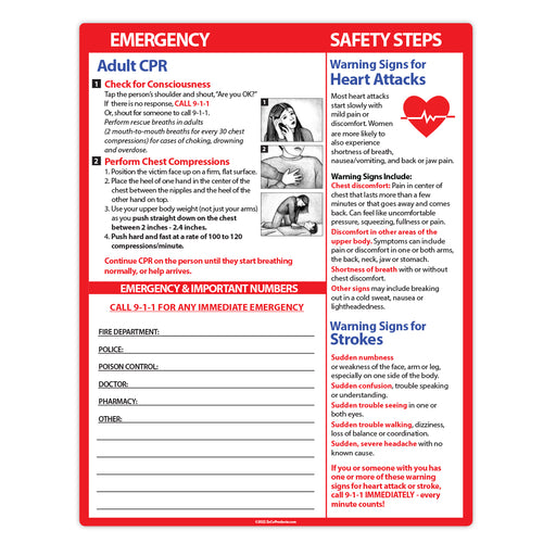 Adult CPR / Heart Attack and Stroke - Quick Reference Card with Magnets