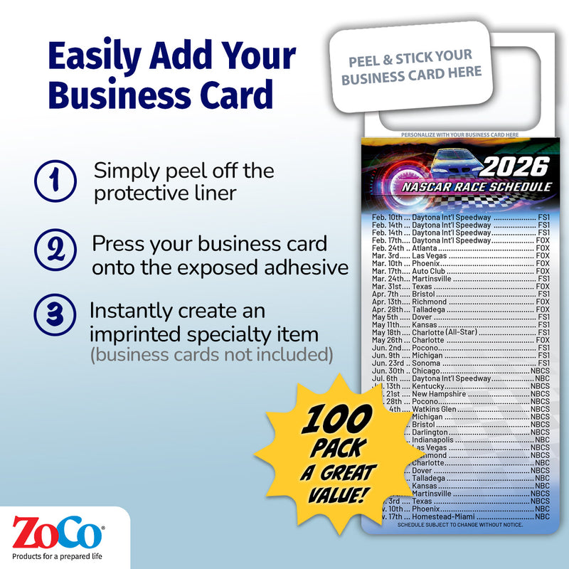 2026 NASCAR Racing Schedule Calendar Magnets - 100 Count - Your Business Card Sticks on Top