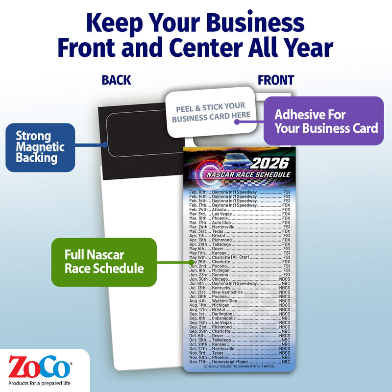 2026 NASCAR Racing Schedule Calendar Magnets - 100 Count - Your Business Card Sticks on Top