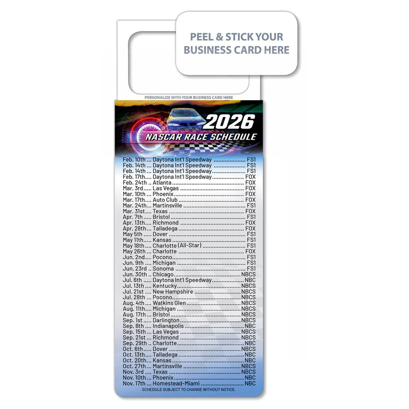 NASCAR race schedule card with business card placeholder
