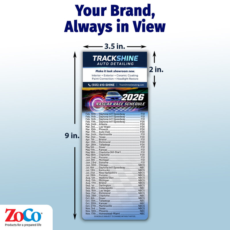 2026 NASCAR Racing Schedule Calendar Magnets - 100 Count - Your Business Card Sticks on Top
