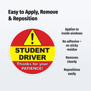 Round sign with 'Student Driver' text and warning triangle on a white background