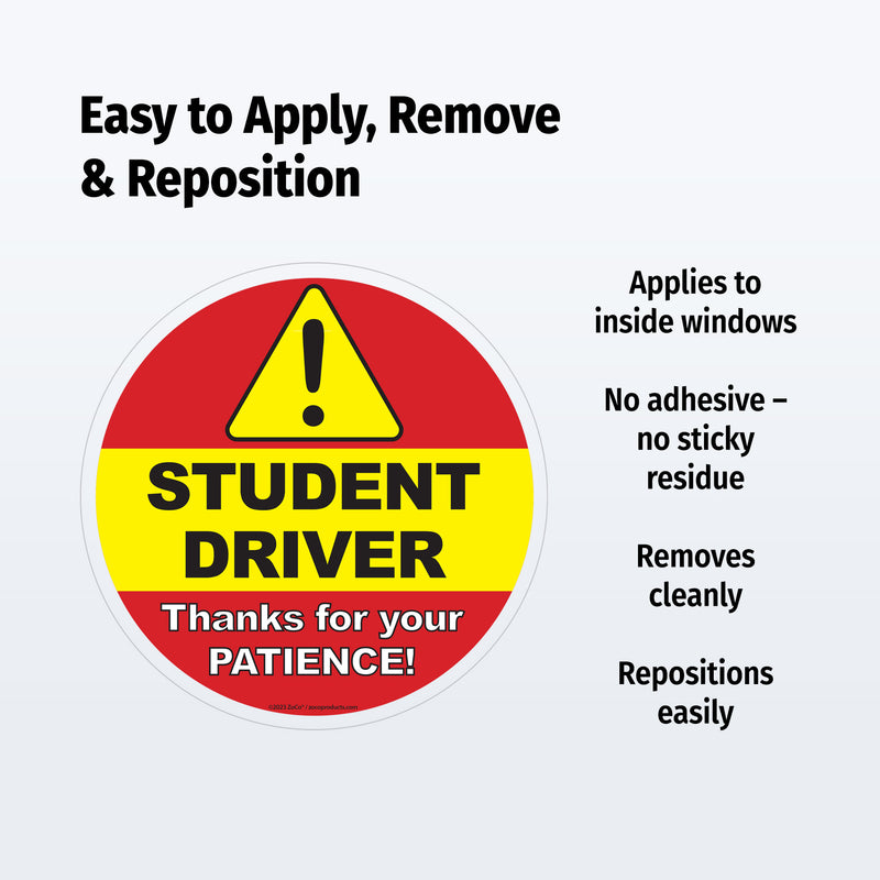 Round sign with 'Student Driver' text and warning triangle on a white background