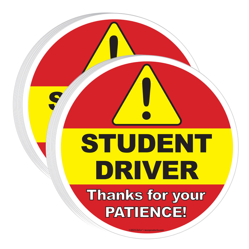 20 round stickers with a warning triangle and text about a student driver on a white background.