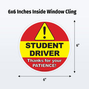 Round window cling with 'Student Driver' text and warning symbol, 6x6 inches.