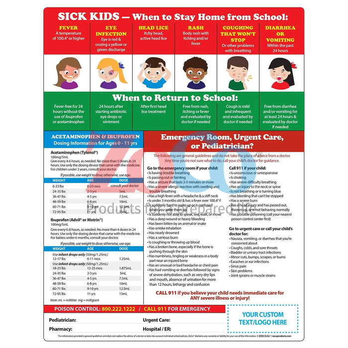 Sick Kids (When to Stay at Home) - Quick Reference Cards - (Min.Qty 100)