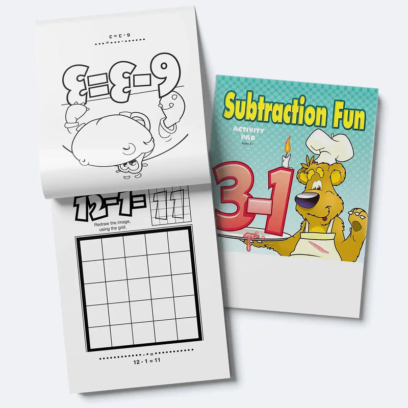 Subtraction Fun kids mini activity pad with subtraction games mazes coloring and puzzles