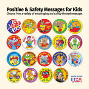 Collection of colorful stickers with safety-themed messages for kids on a white background.