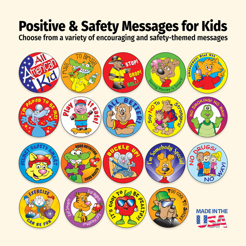 Collection of colorful stickers with safety-themed messages for kids on a white background.
