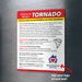 Tornado emergency instruction magnet outlining what to do during a tornado warning depending on location: in a structure, vehicle, or outside with no shelter. Advises seeking safe shelter, avoiding bridges, not outrunning tornadoes, and watching for flying debris. Custom logo/text area at the bottom.