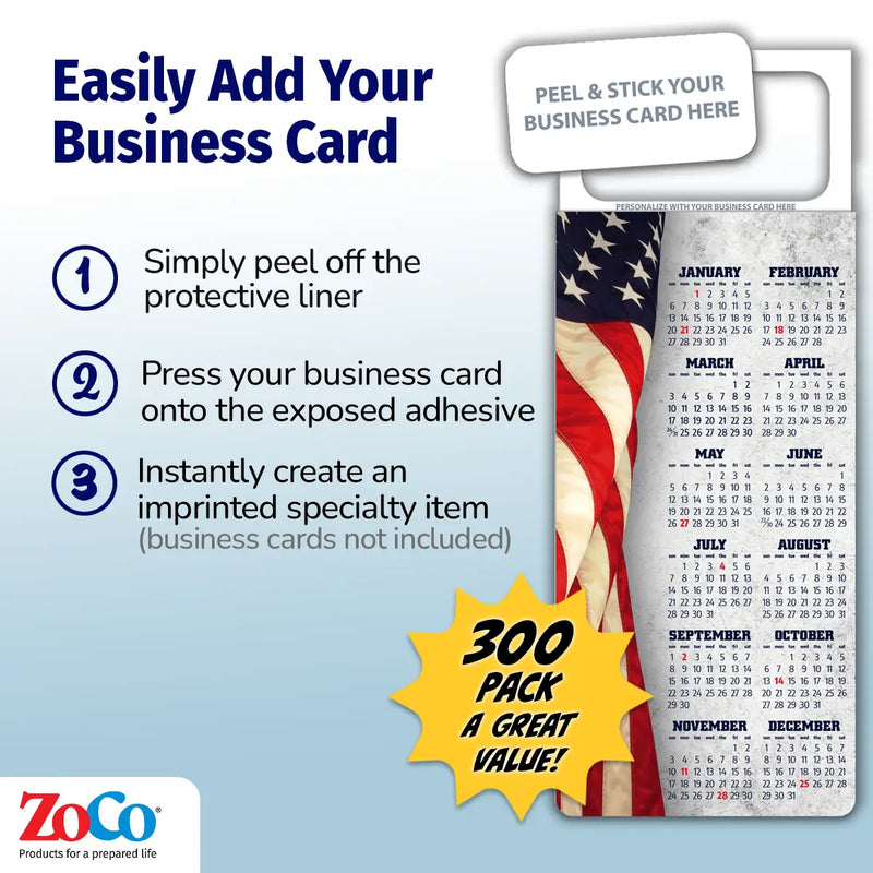 2026 American Flag Calendar Magnet - 300 Count - Your Business Card Sticks on Top