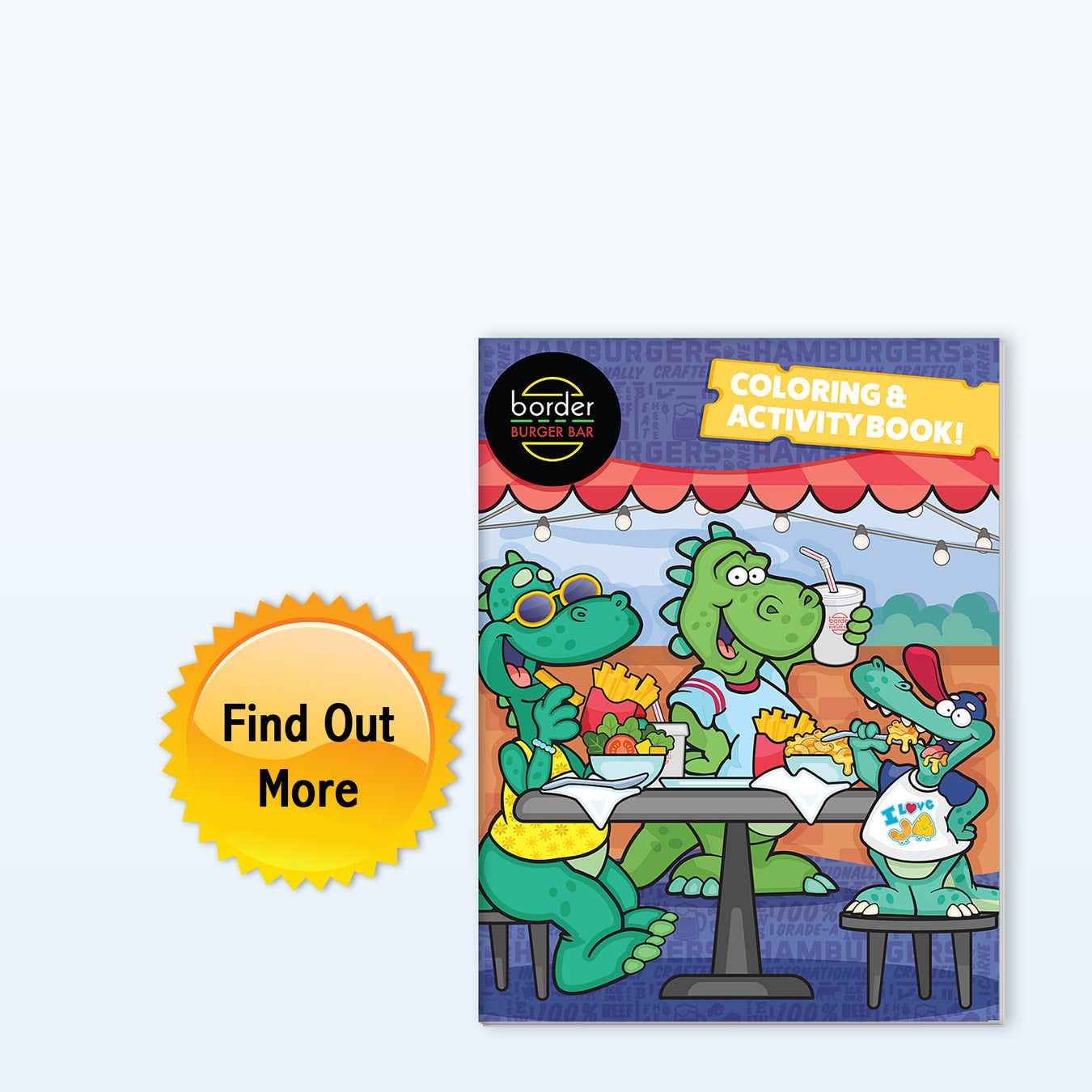 Coloring and activity book with cartoon dragons at a diner, featuring a 'Find Out More' button.