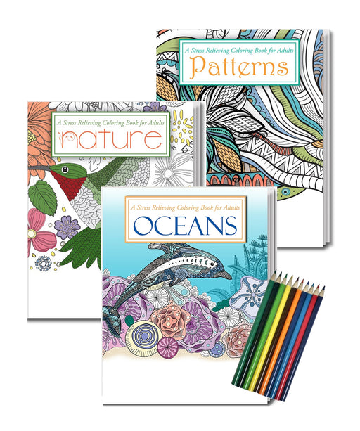 Gift Pack: 3 Adult Coloring Books: Oceans, Nature, & Patterns - Includes 10 Pencils